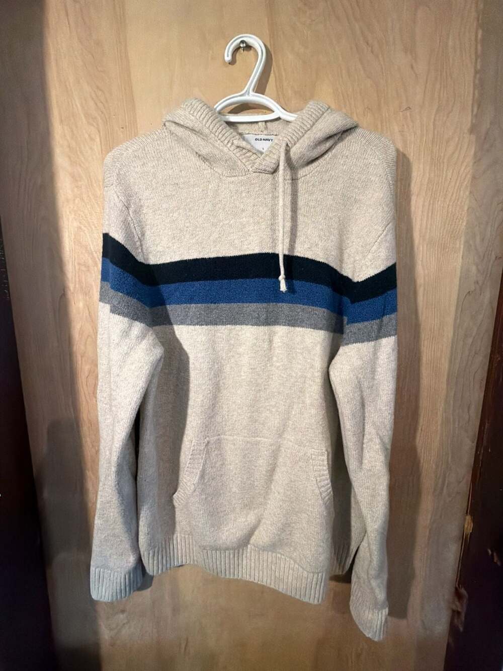 Old Navy Striped Knit Hoodie Size L Beige Blue Pullover Sweater